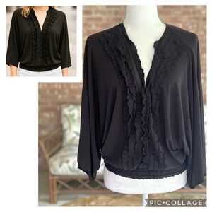 Studio M Top Black Ruffle Front Kimono Sleeves Knit Blouson Smocked XS Boho Chic